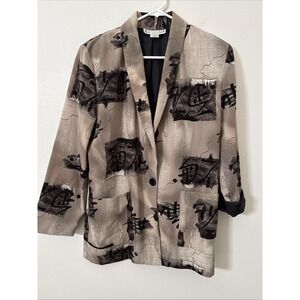 Vintage Dress Barn Blazer Jacket Art To Wear Sz Small Abstract Kanji Script USA